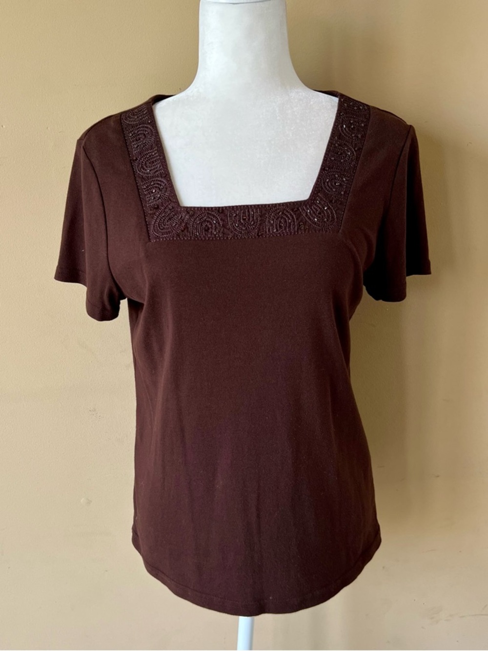 Karen Scott Petites Medium Brown Square Beaded Neckline Shirt Top